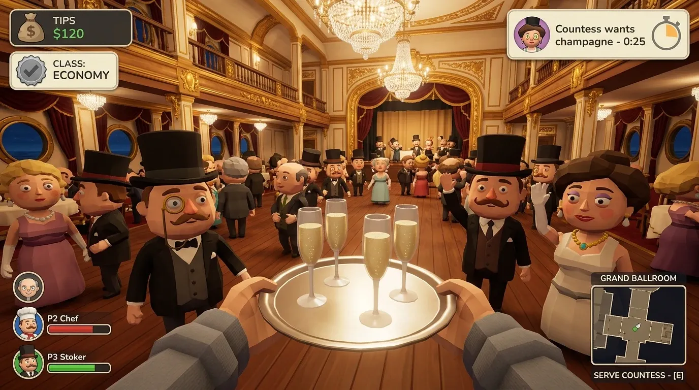 First-person view in the grand ballroom, holding a tray of champagne in front of chunky low-poly millionaires in top hats.