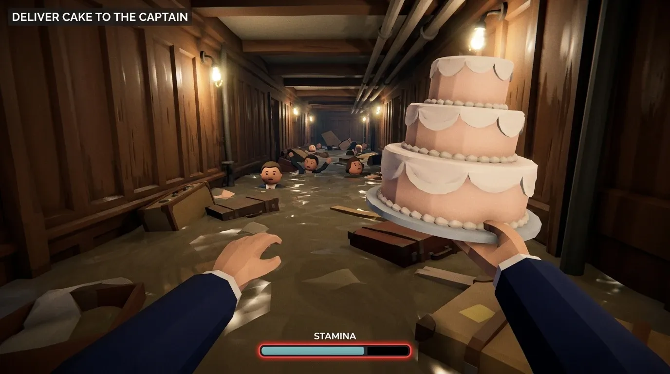 Wading through a flooded crew corridor while carrying a three-tier cake.
