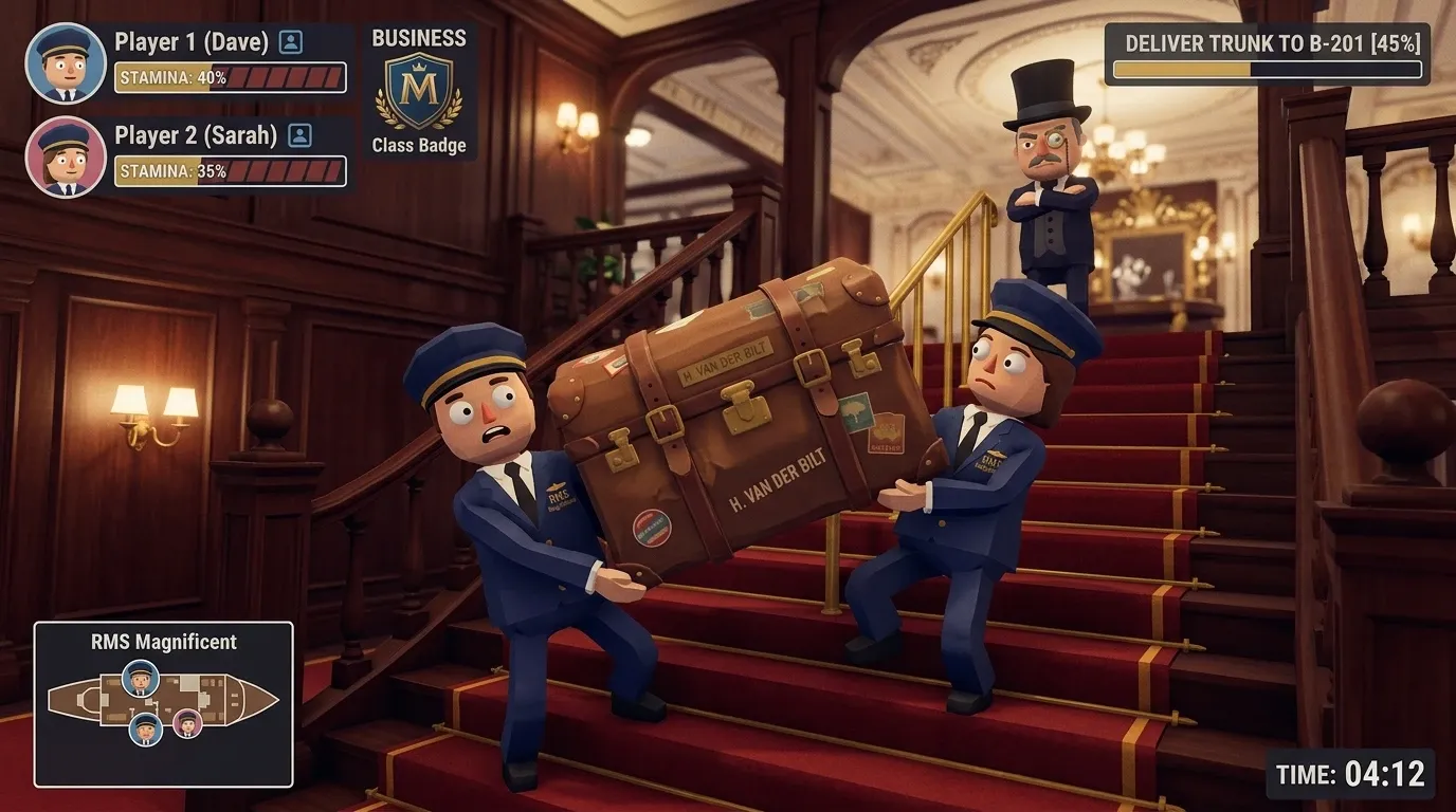 Carrying a heavy steamer trunk up the grand staircase.